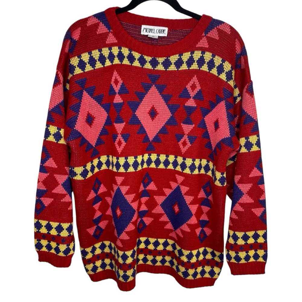 Vintage‎ Michael Carrie Abstract Southwestern Sweater 80s Red Purple yellow M